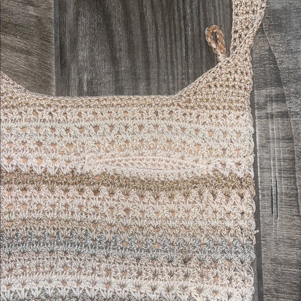 Handmade tan multi colored Crochet Shoulder Bag 11”x12”x26”. - Picture 2 of 5